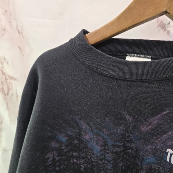 Vintage Sweatshirt Womens Large Black Husky Dog Sled Tok Alaska Nature Forest - Picture 2 of 11